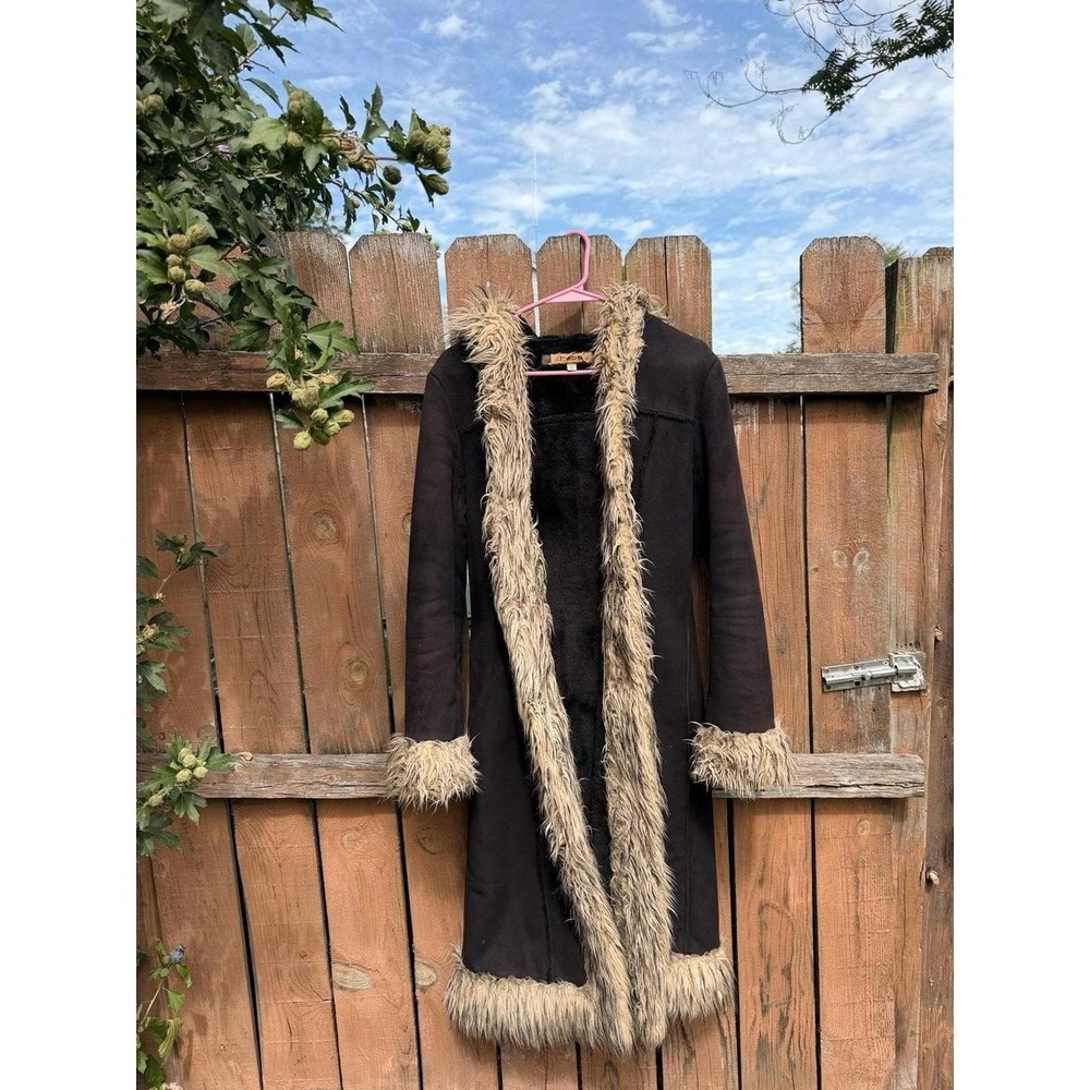 Vintage Y2K BEBE Black Velour And Fur Afghan Coat